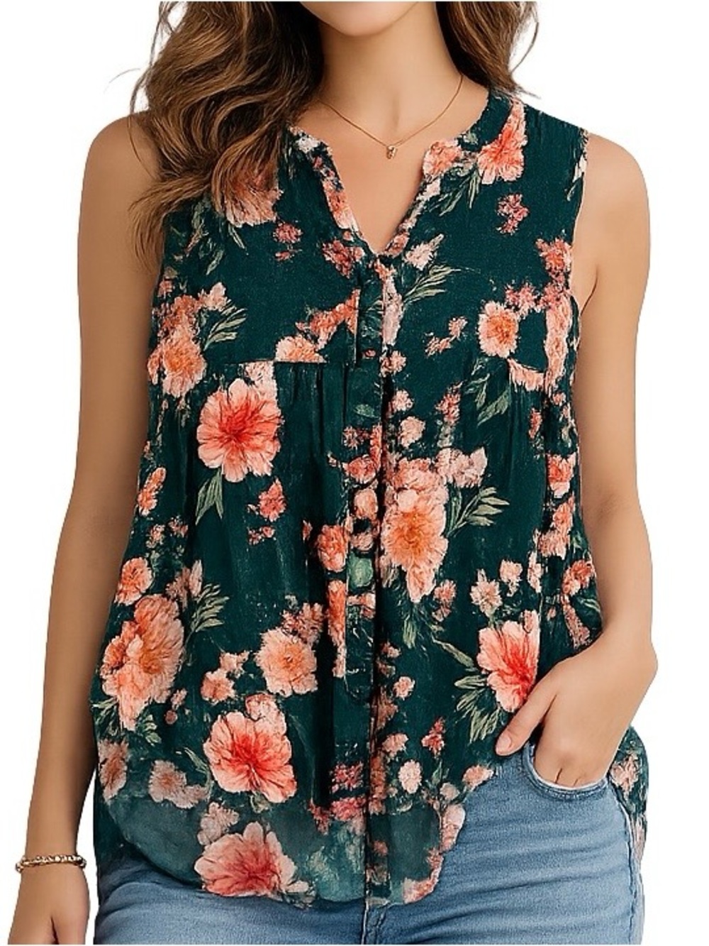 Knox Rose Floral Sleeveless Smocked Boho Tunic Top Women’s Large Green Pink